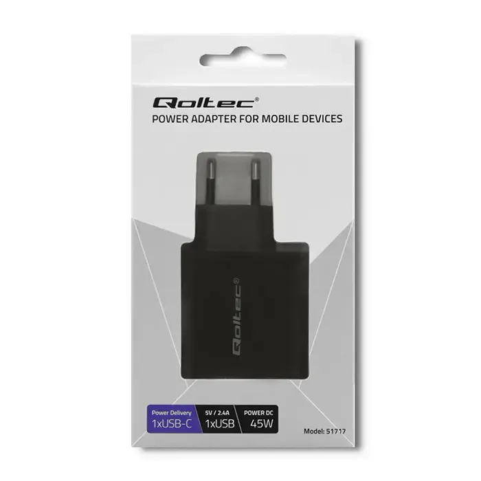 qoltec 51717 charger | 45w | 5-20v | 2.25-3a | usb type c pd | usb | black - slika 2