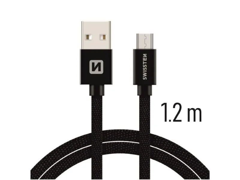 swissten kabel usb/microusb, platneni, 3a, 1.2m, crni - 03080035 - slika 1
