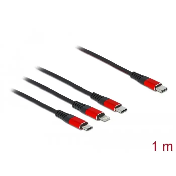 delock usb charging cable, usb-c plug > micro-usb + usb-c + lightning plug (black/red, 1 meter, sleeved, only charging function) - slika 2