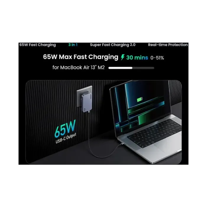 ugreen ultra-slim nexode pro zidni punjač 65w, 2x usb-c, usb-a, ganinfinity, sivi - slika 2