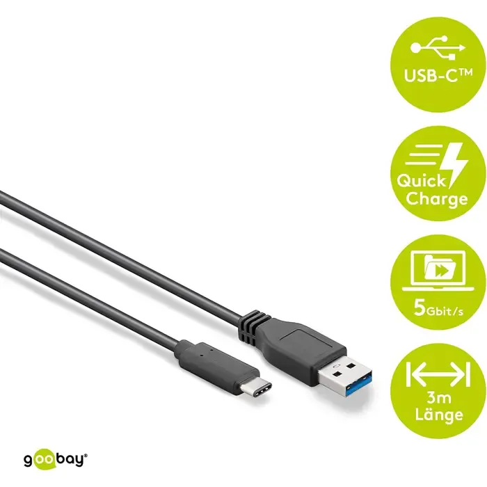 goobay usb-a 3.0 plug > usb-c plug reversible, cable (black, 3 meters) - slika 2