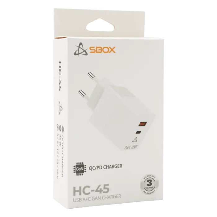 sbox usb-a/usb-c brzi zidni punjač hc-45 2 utora - 45w gan bijeli - slika 5