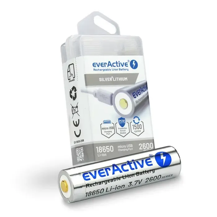 battery everactive 18650 3.7v li-ion 2600mah micro usb with protection box - slika 1