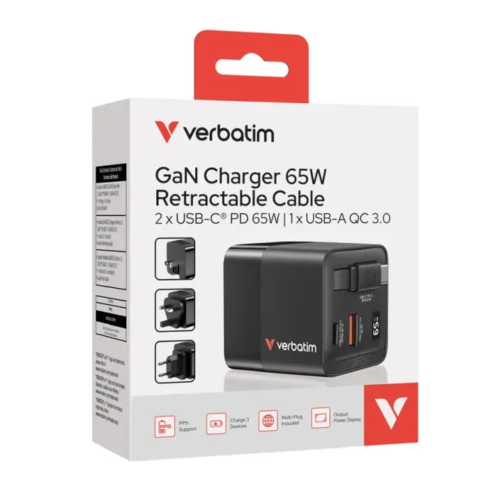 verbatim gan zidni punjač 65w s usb-c kabelom na uvlačenje, pd, qc 3.0, 1xusb-c, 1xusb-a - slika 5