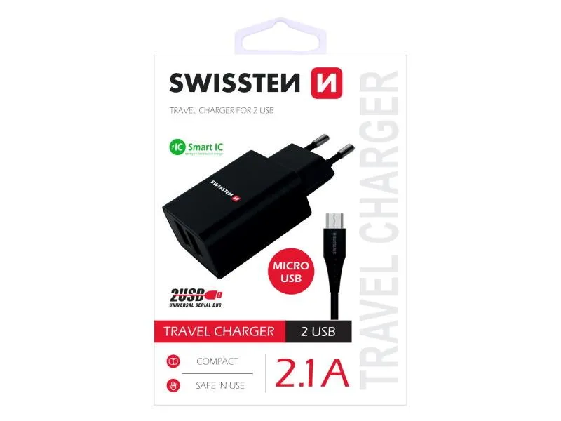 swissten punjač za ac220, 2xusb, 2.1a, smart ic, crni + microusb kabel - 03100011 - slika 1