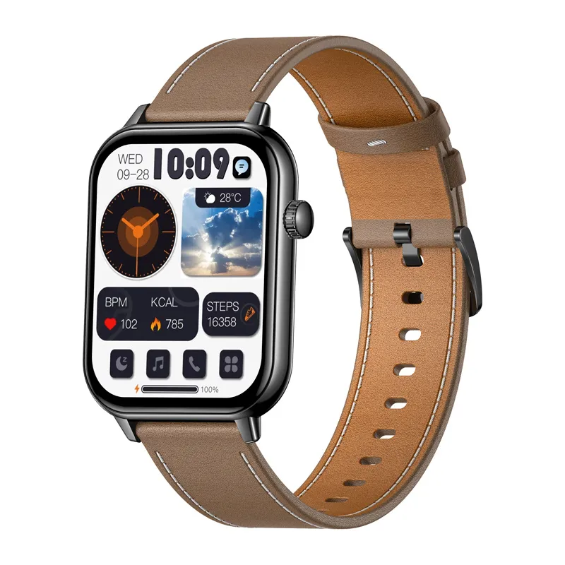 colmi c28 smartwatch – black + brown leather strap - slika 2
