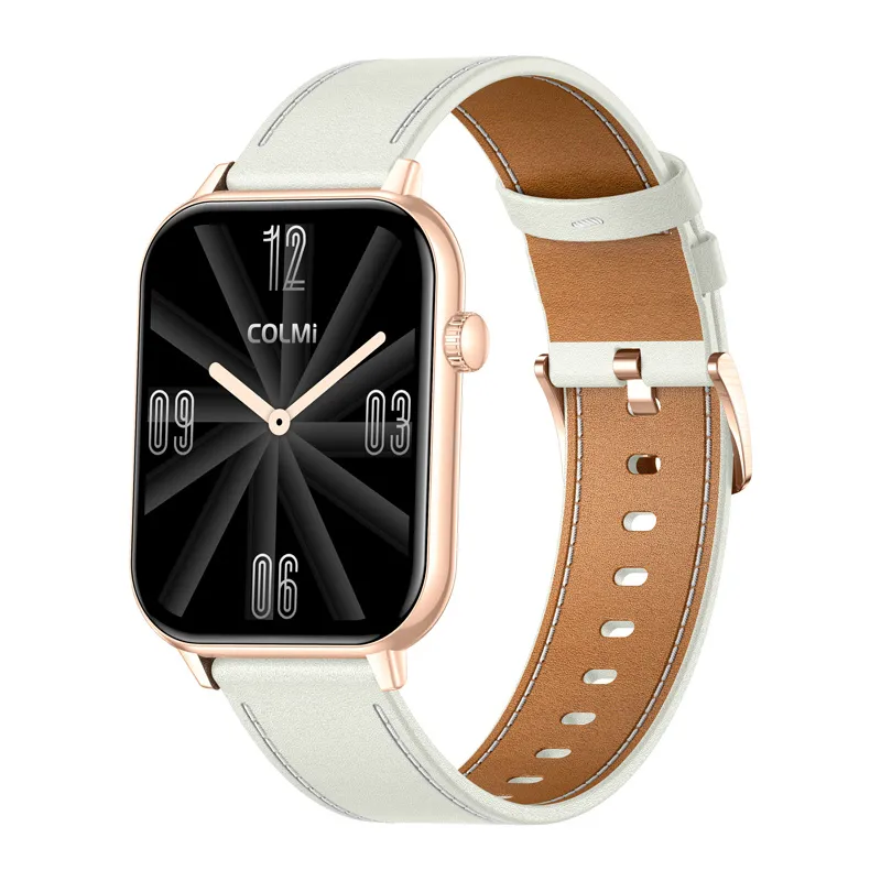 colmi c28 smartwatch in gold with a white leather strap - slika 3
