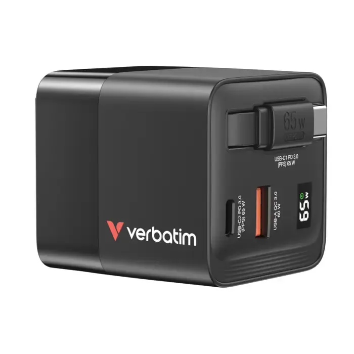 verbatim gan zidni punjač 65w s usb-c kabelom na uvlačenje, pd, qc 3.0, 1xusb-c, 1xusb-a - slika 3