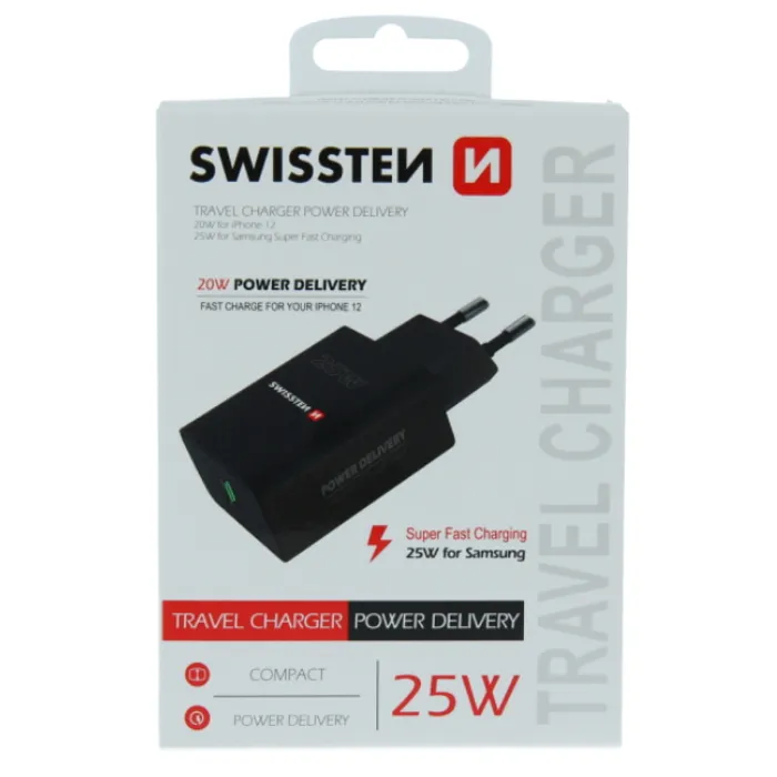 swissten punjač za ac220, 1xusb-c, pd 25w, za iphone i samsung, crni - slika 1