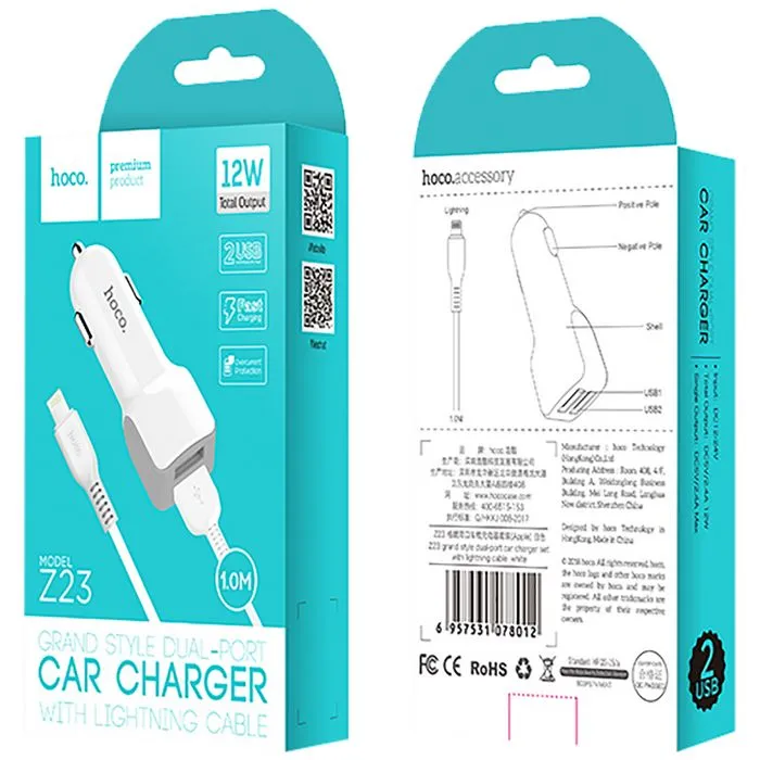 hoco. auto punjač sa lightning kabelom, 2 x usb, 5 v/2.4 a - z23 grand style set, lightning - slika 2