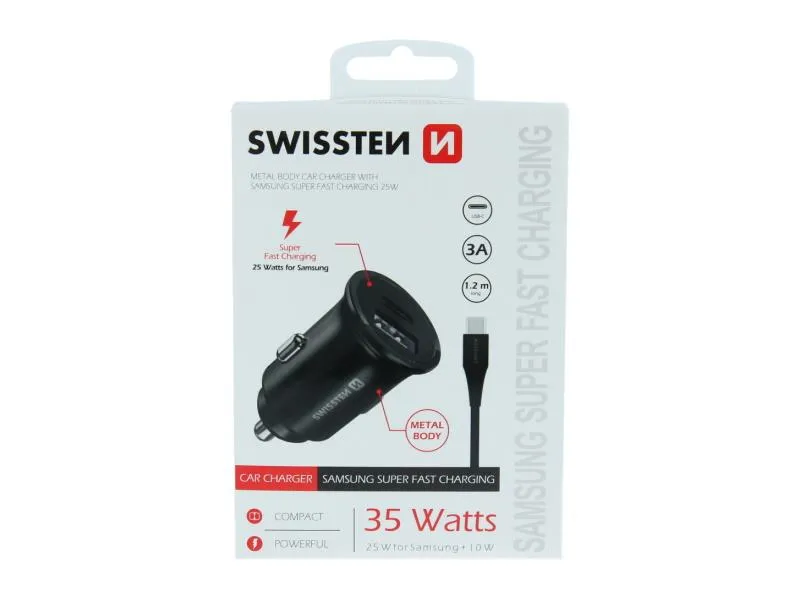 swissten punjač za auto, 1xusb-c, 1xusb, cl pro supe fast 35w + usb-c kabel 1.2m - 03110003 - slika 1