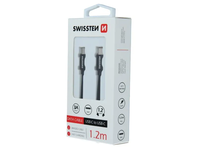 swissten kabel usb-c/usb-c, platneni, 3a, 1.2m, crni - 03080069 - slika 1