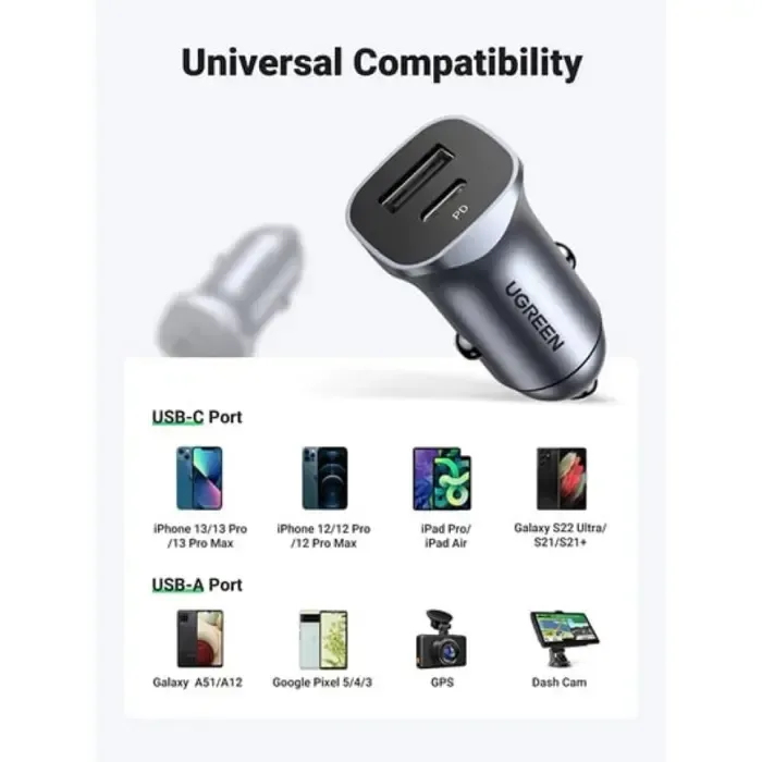 ugreen auto punjač, 24w, usb-c pd+usb-a qc, srebrni - slika 4