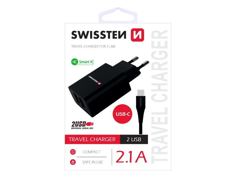 swissten punjač za ac220, 2xusb, 2.1a, smart ic, crni + usb-c kabel - 03100012 - slika 1