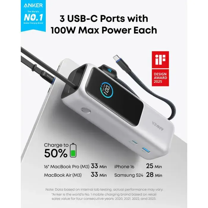 anker powerbank 25000 mah z vgrajenim kablom usb-c, 165w, srebrn - slika 2
