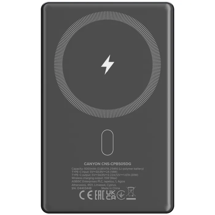 canyon power bank onpower 505 slim magsafe 5000 mah pd20w dark grey - slika 3