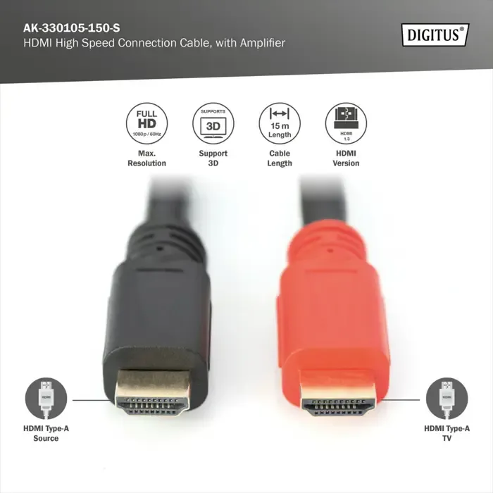 digitus hdmi high speed cable, with amplifier (black/red, 15 meters) - slika 3