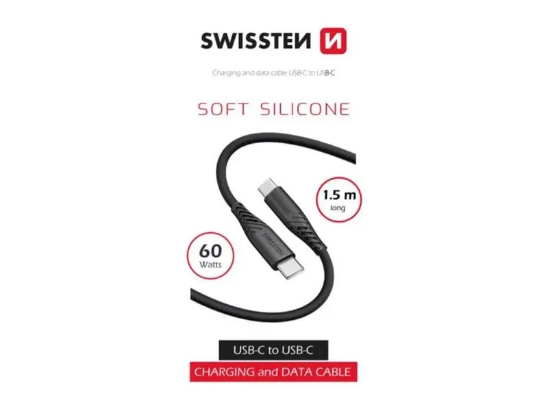 swissten kabel usb-c/usb-c, soft silicone, 3a, 60w, 1.5m, crni - 03080103 - slika 1