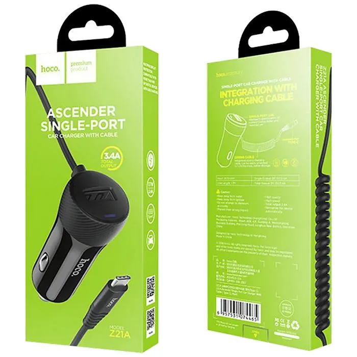 hoco. auto punjač sa micro usb kabelom, 1 x usb, 2.4 a max. - z21a ascender single usb - slika 2
