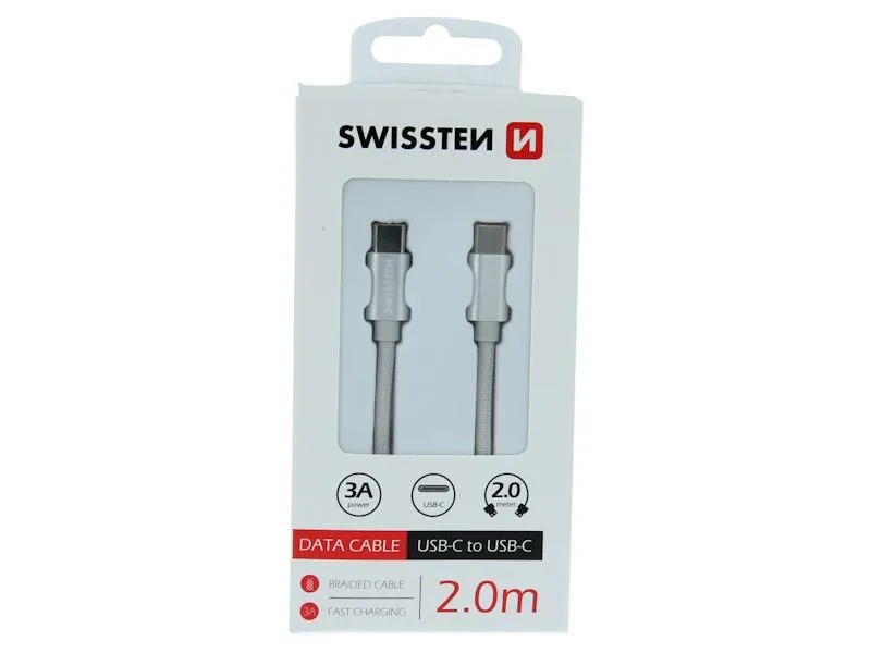 swissten kabel usb-c/usb-c , platneni, 2 m,srebrni - 03080110 - slika 1