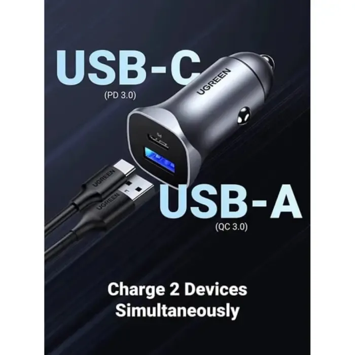 ugreen auto punjač, 24w, usb-c pd+usb-a qc, srebrni - slika 3