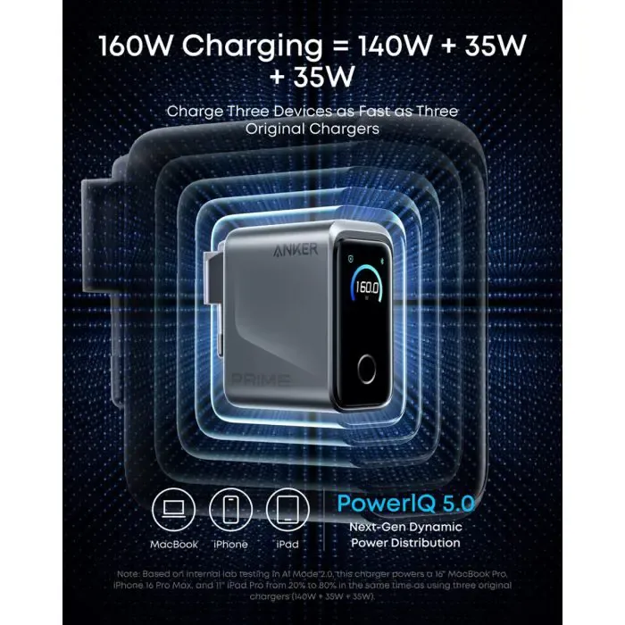 anker prime 100 w gan 3-port charger, smart display, black - slika 3