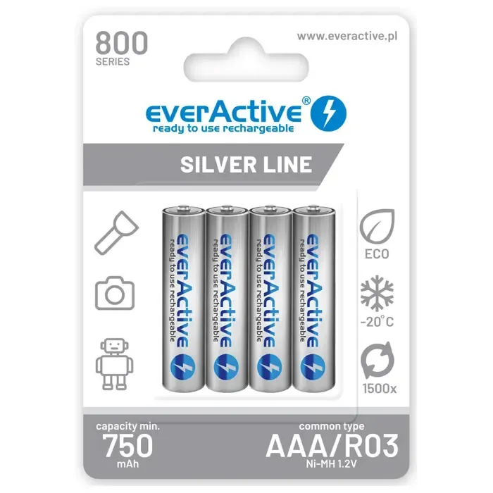 rechargeable batteries everactive ni-mh r03 aaa 800 mah silver line - slika 1