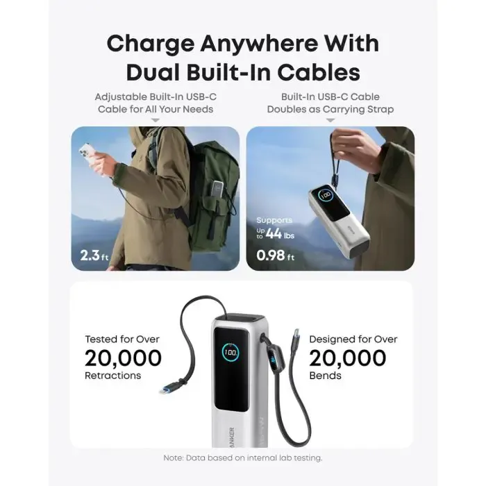 anker powerbank 25000 mah z vgrajenim kablom usb-c, 165w, srebrn - slika 5