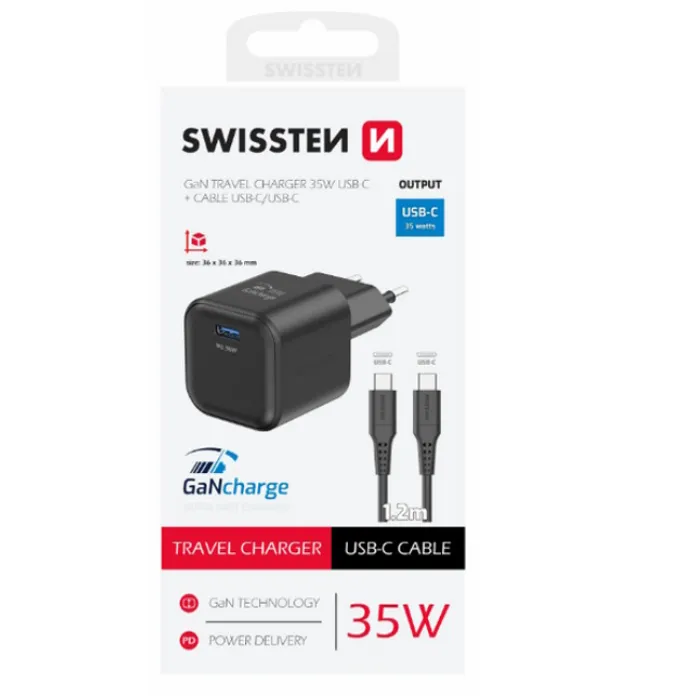 swissten punjač za ac220, gan, 1xusb-c, 1a, crni + usb-c kabel - slika 1