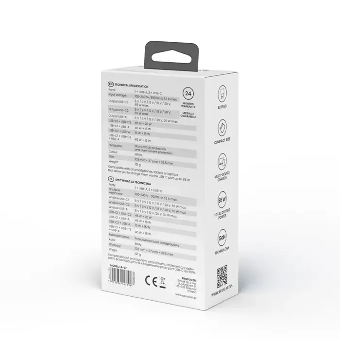 savio la-07 gan 65w mains charger, usb, qc4.0+, pd 3.0, white - slika 2