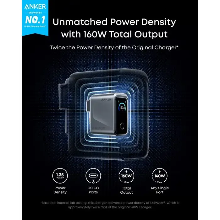 anker prime 100 w gan 3-port charger, smart display, black - slika 2