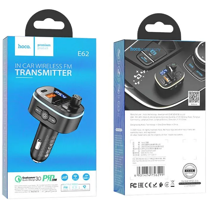 hoco. fm modulator, e62,bluetooth,12/24 v,2xusb, 1xusb-c,pd20w - e62 fast - slika 2