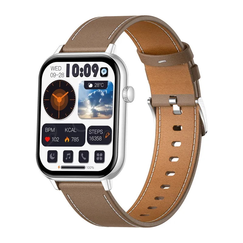 colmi c28 smartwatch – silver + brown leather strap - slika 2
