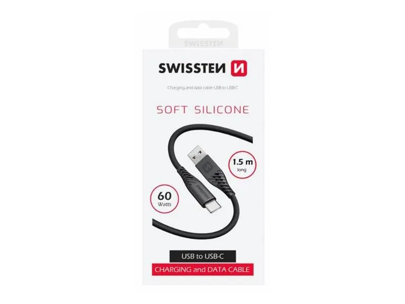 swissten kabel usb/usb-c, soft silicone, 3a, 60w, 1.5m, crni - 03080104 - slika 1