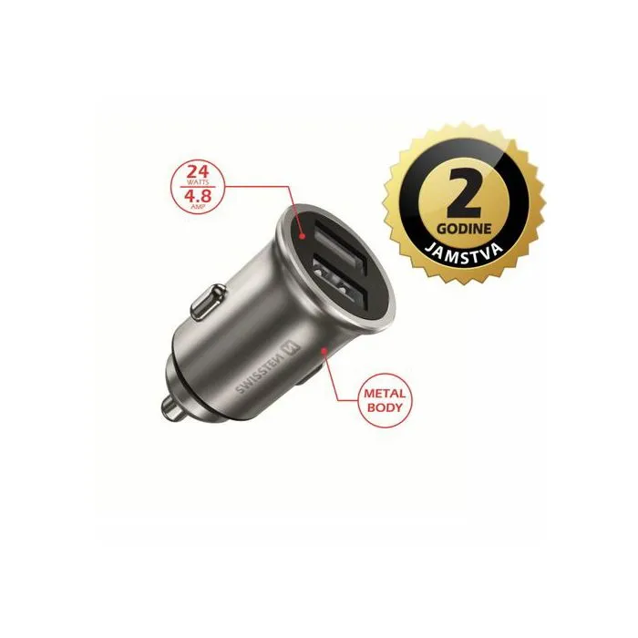 swissten punjač za auto, 2xusb, 4.8a, 12-24v, metalic, srebrni - slika 1