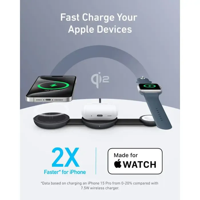 anker maggo wireless foldable charging pad 3in1, black - slika 3