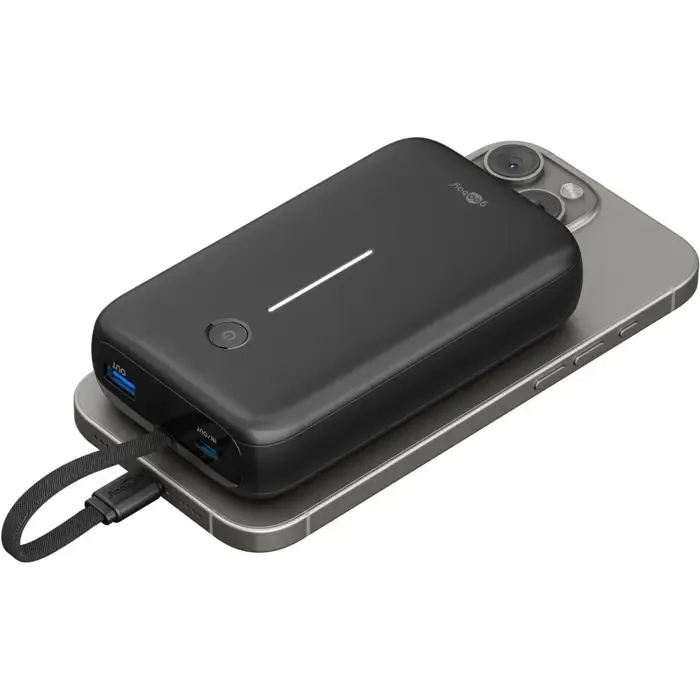 goobay power bank 20,000 mah, integrated usb-c cable 13cm, 30 watts black, 20 ah, 1x usb-a, 2x usb-c, pd, qc - slika 5