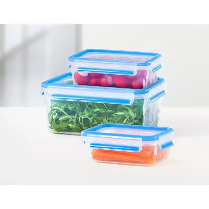 emsa clip & close food storage container set, 3-piece (transparent/blue, rectangular, 3 containers + 3 lids) - slika 5