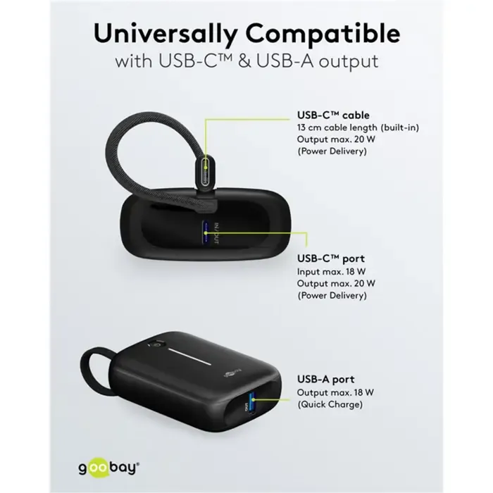 goobay power bank 10,000 mah, integrated usb-c cable 13cm, 20 watt black, 10 ah, 1x usb-a, 2x usb-c, pd, qc - slika 5
