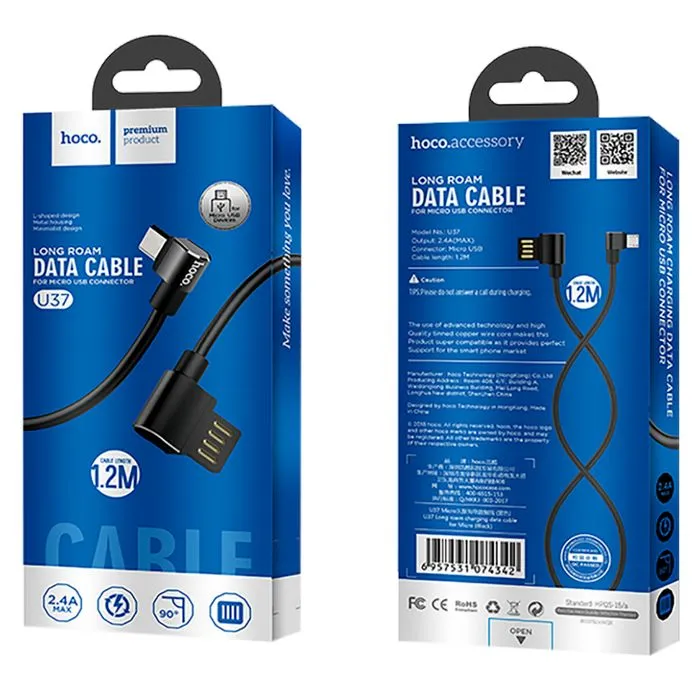 hoco. usb kabel za smartphone, micro usb, kutni 90°, 1.2 met,crna - u37 long roam, micro usb , bk - slika 2