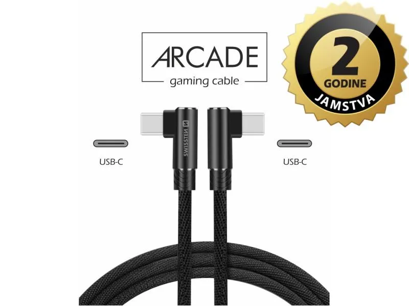 swissten kabel arcade usb-c/usb-c, 3a, 1.2m, l-konektor, crni - 03080094 - slika 1