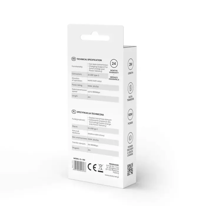 savio cl-160 usb cable 2 m usb 2.0 usb c - usb c black - slika 2