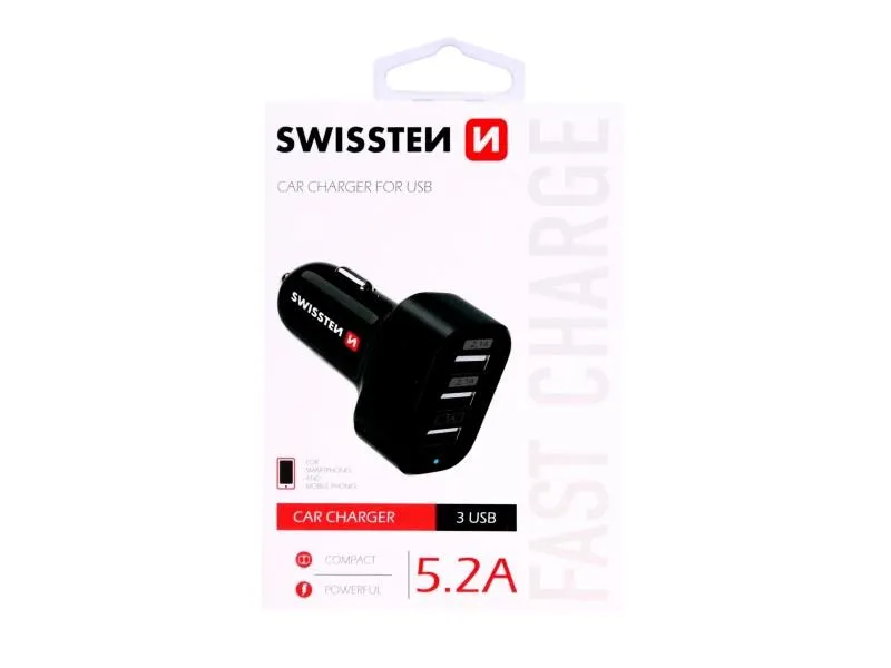 swissten punjač za auto, 3xusb, 5.2a, 12-24v, crni - 03110009 - slika 1
