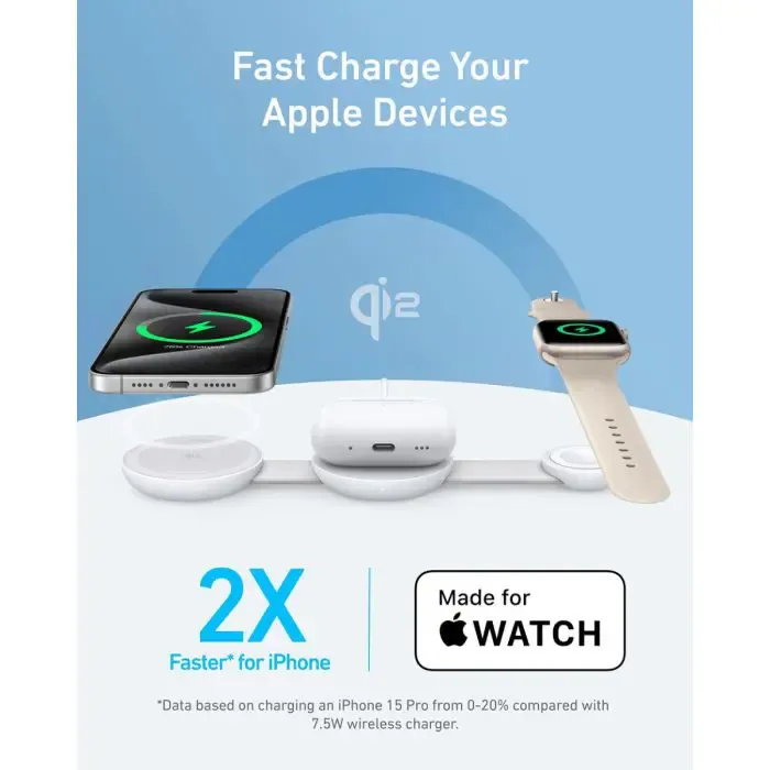 anker maggo wireless foldable charging pad 3-in-1, white - slika 3