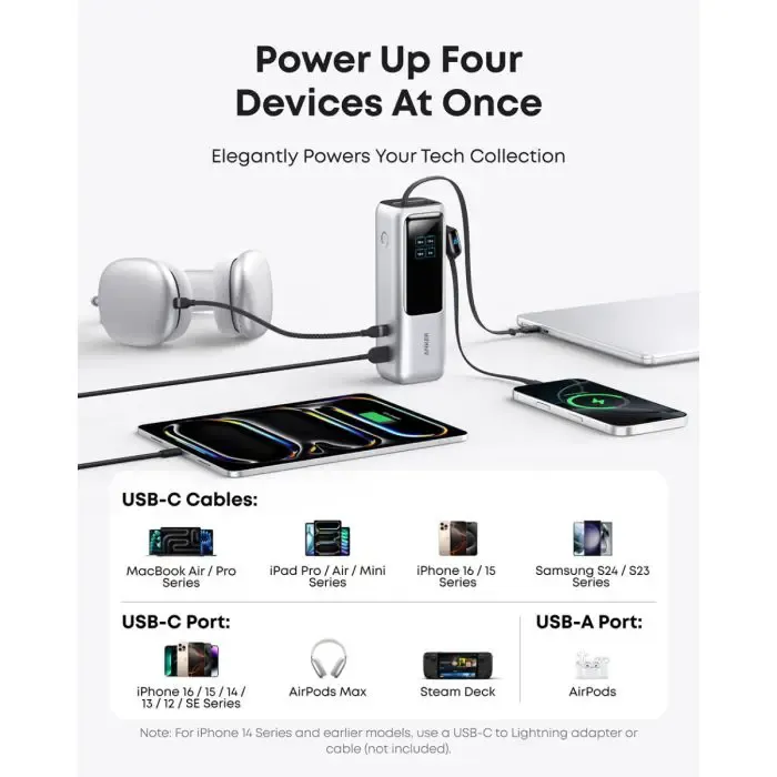 anker powerbank 25000 mah z vgrajenim kablom usb-c, 165w, srebrn - slika 4