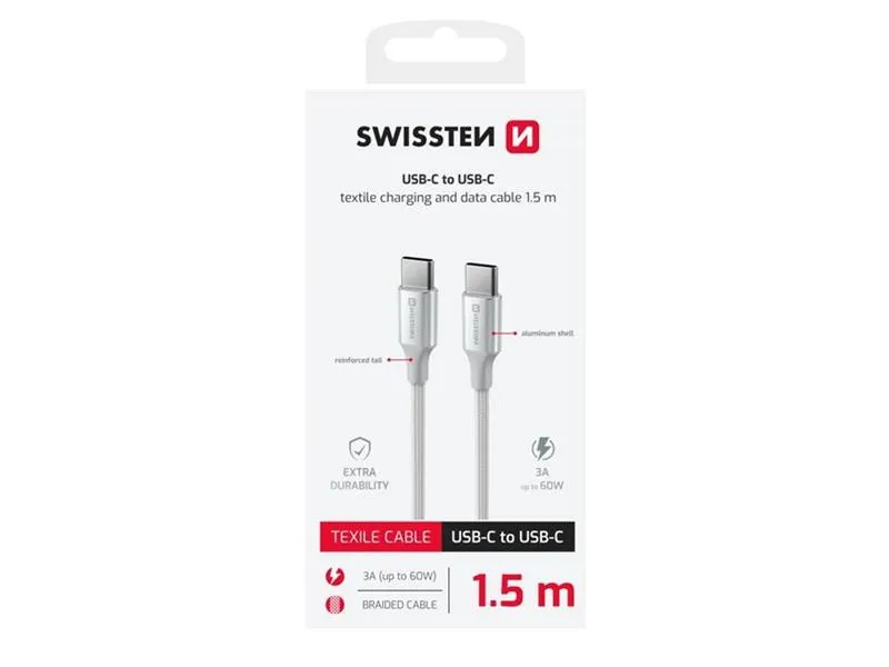 swissten kabel usb-c/usb-c textile ii, 3a, 60w, 480 mb/s, 1,5m bijelo-srebrni - 03080123 - slika 1