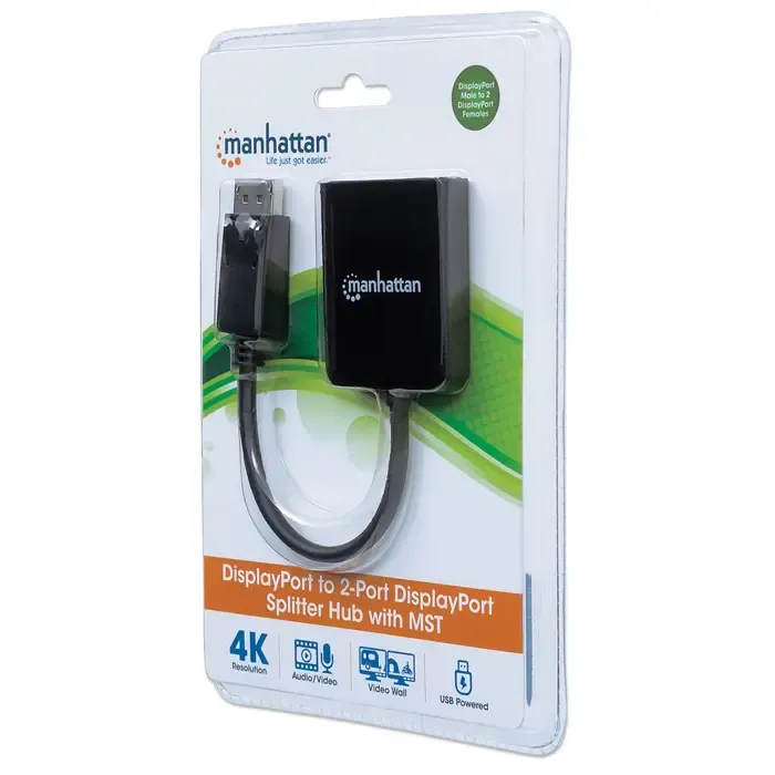 manhattan displayport 1.2 to 2-port displayport 1.2 splitter hub with mst, 4k@30hz, usb-a powered, video wall function, black, three year warranty, blister - slika 5
