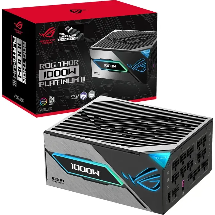 asus rog thor 1000w platinum iii e (black, 1x 12 pin high power gpu, 4x pcie, cable management, 1000 watts) - slika 1