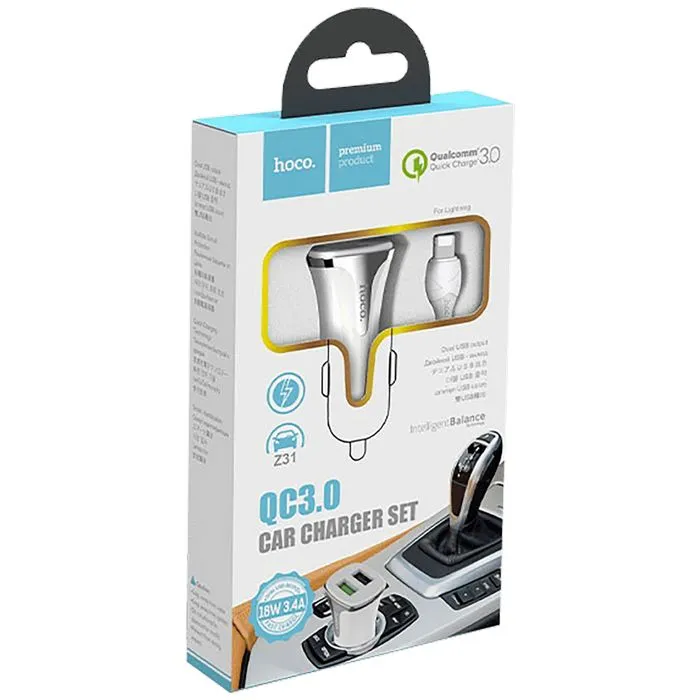 hoco. auto punjač sa lightning kabelom, qc, 2 x usb, 3.1 a - z31 universe double port, lightning - slika 2