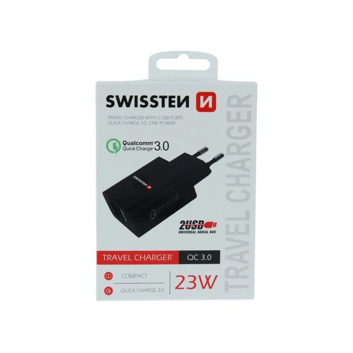 swissten punjač za ac220, 2xusb, qualcomm 3.0, brzi, 23w, crni eol - slika 5